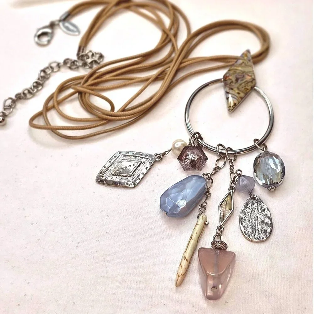 Chicos Boho Rose Quartz and Jasper Gemstone Leather Long Necklace - Picture 3 of 15